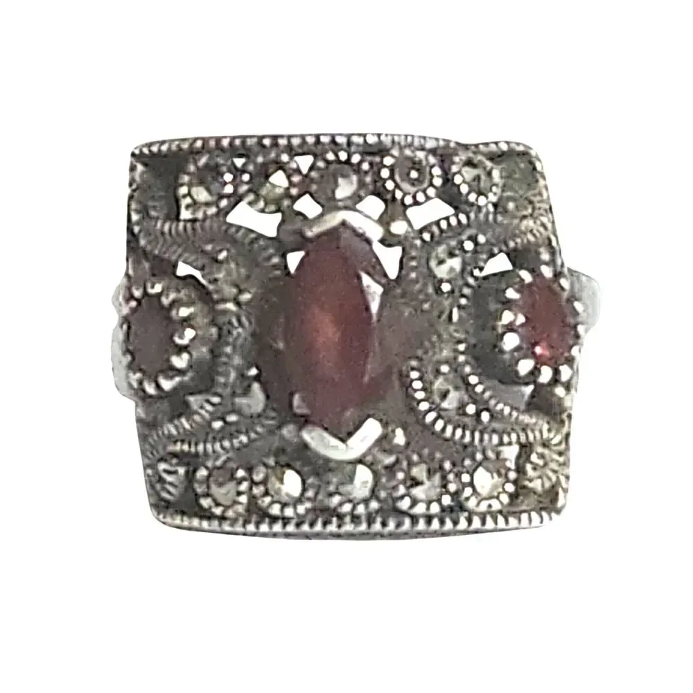 Vtg Thai 925 Sterling Silver Garnet Marcasite Art Deco Statement Ring Sz 9.25